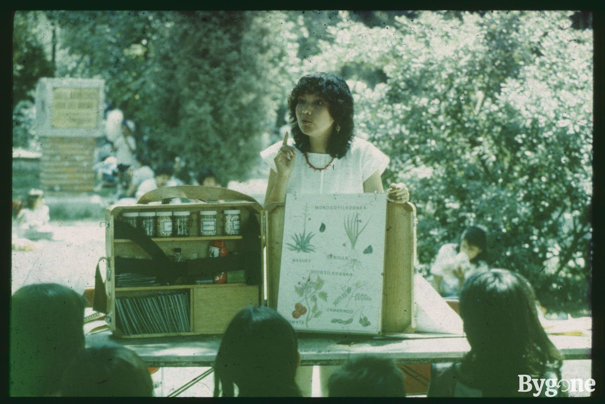 A young woman with dark black short hair with a fringe, is enthusiastically talking to a group of young children, in an outside park. The woman has an open standing wooden case on a table that contains jars of seeds and a board with hand-drawn studies of plants, and their names. The board reads, Monocotiledonea, Maguey, Cebolla, Dicotiledonea, Jamarindo and Tomate.