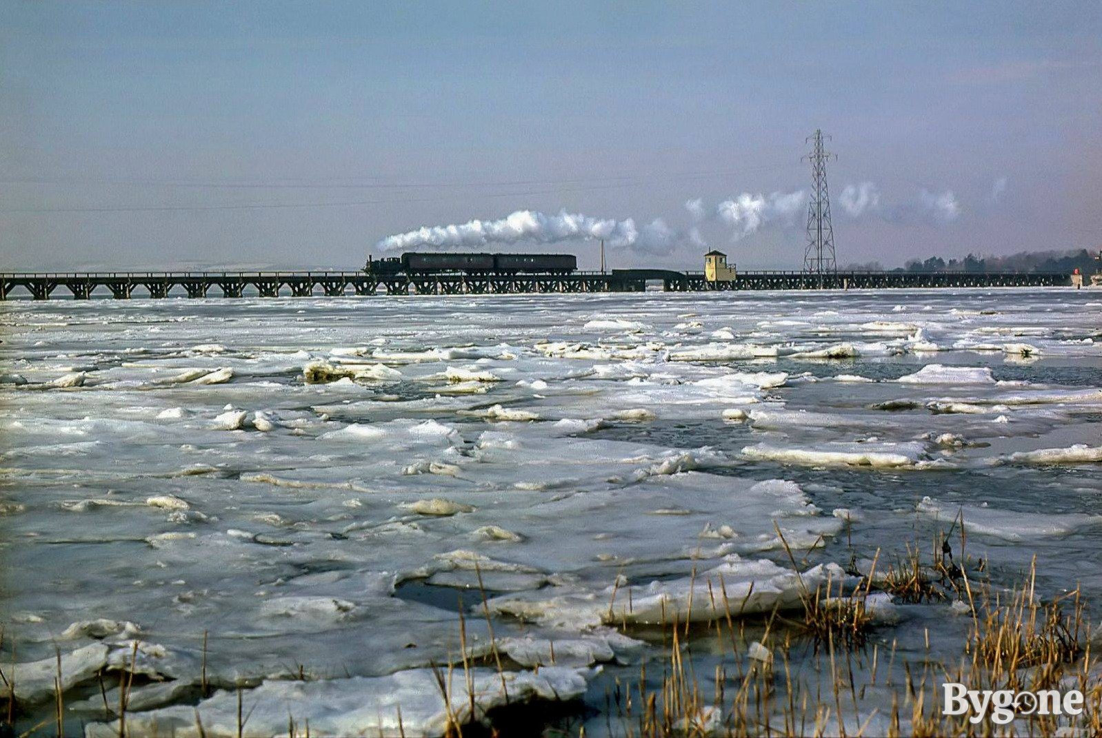 Hayling Billy crossing frozen Langstone Harbour, winter 1963