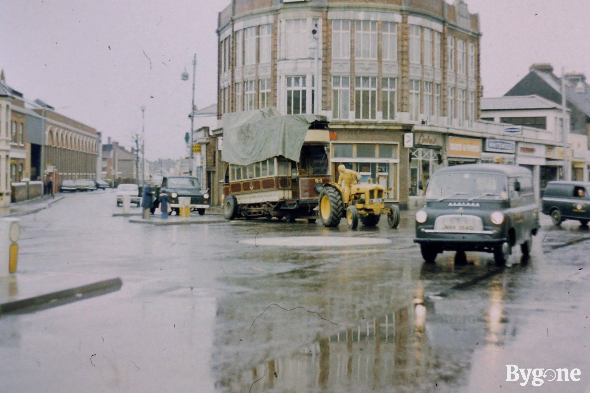 Portsmouth Tram being transported via tractor, possibly 1960s