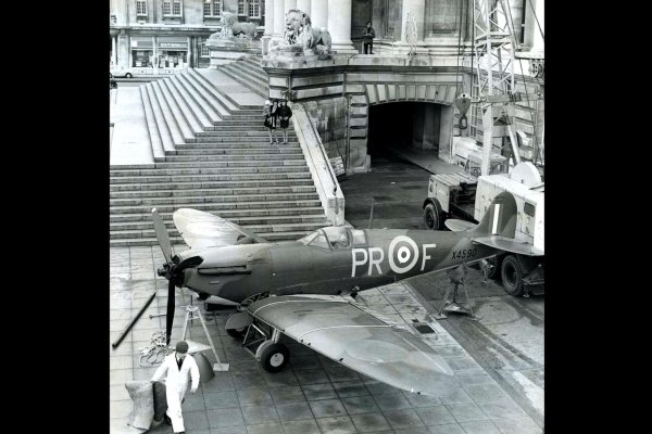 Prop Spitfire on display outside Portsmouth Guildhall, 1969