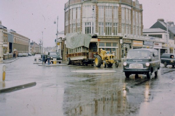Portsmouth Tram being transported via tractor, possibly 1960s